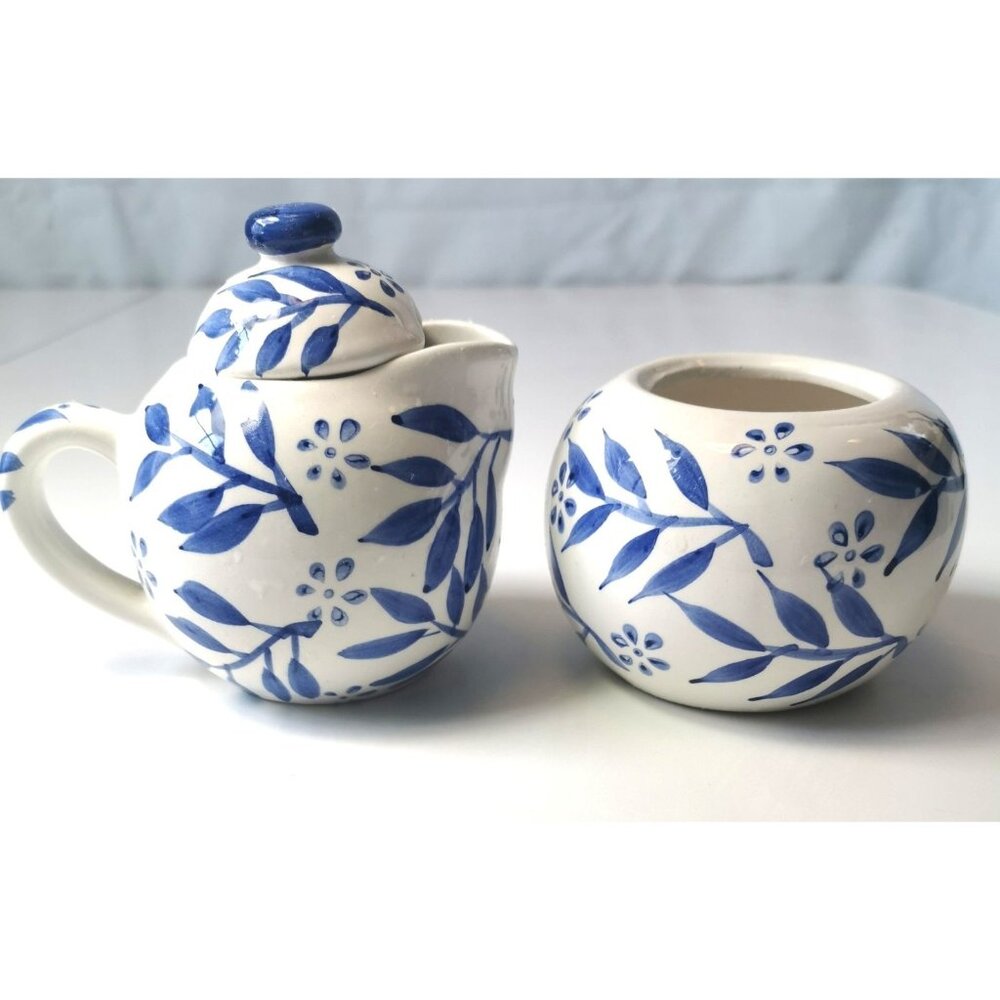Creamer and Sugar Bowl Hand Painted Beautiful Botanical Blue and White Vintage